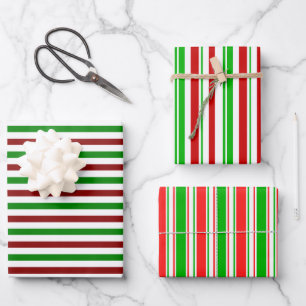 Green, White, Red Coloured Christmas Style Stripes Wrapping Paper Sheet