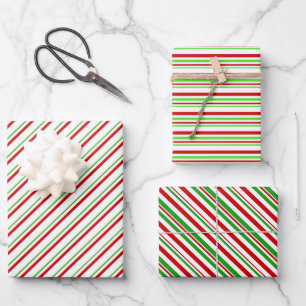 Green, White, Red Coloured Christmas-Style Stripes Wrapping Paper Sheet
