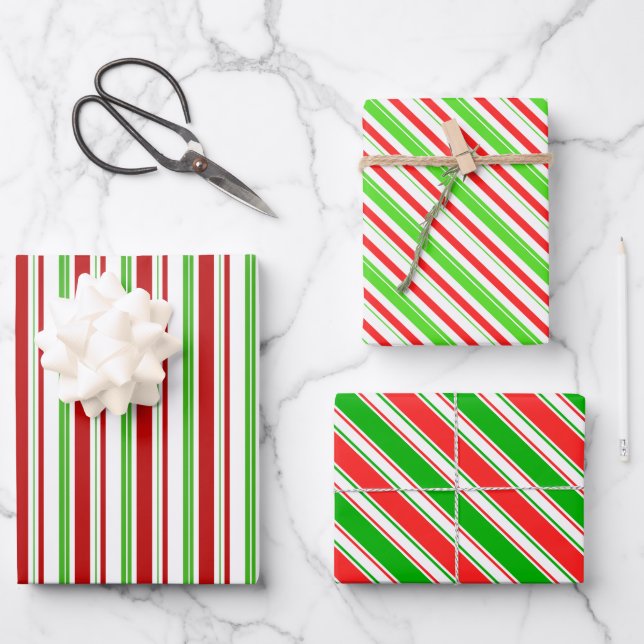 Green, White, Red Coloured Christmas Themed Lines Wrapping Paper Sheet (Front)