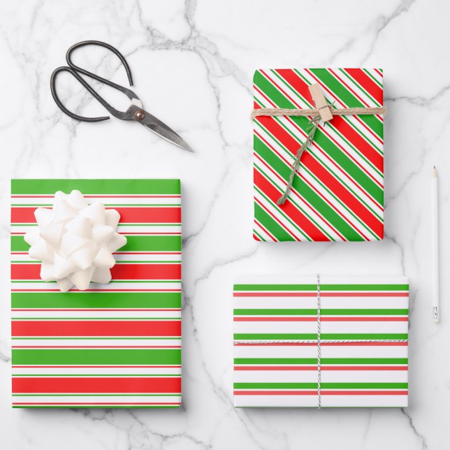 Green, White, Red Coloured Christmas-Themed Lines Wrapping Paper Sheet (Front)