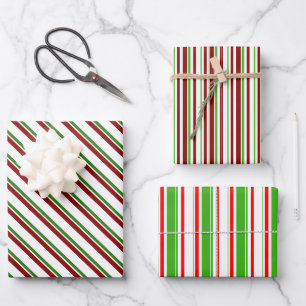 Green, White, Red Coloured Christmas-Themed Lines Wrapping Paper Sheet
