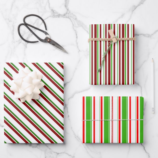 Green, White, Red Coloured Christmas-Themed Lines Wrapping Paper Sheet (Front)