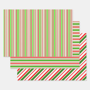 Green, White, Red Coloured Christmas Themed Lines Wrapping Paper Sheet