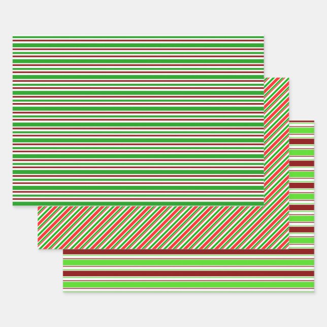 Green, White, Red Coloured Christmas Themed Lines Wrapping Paper Sheet (Set)