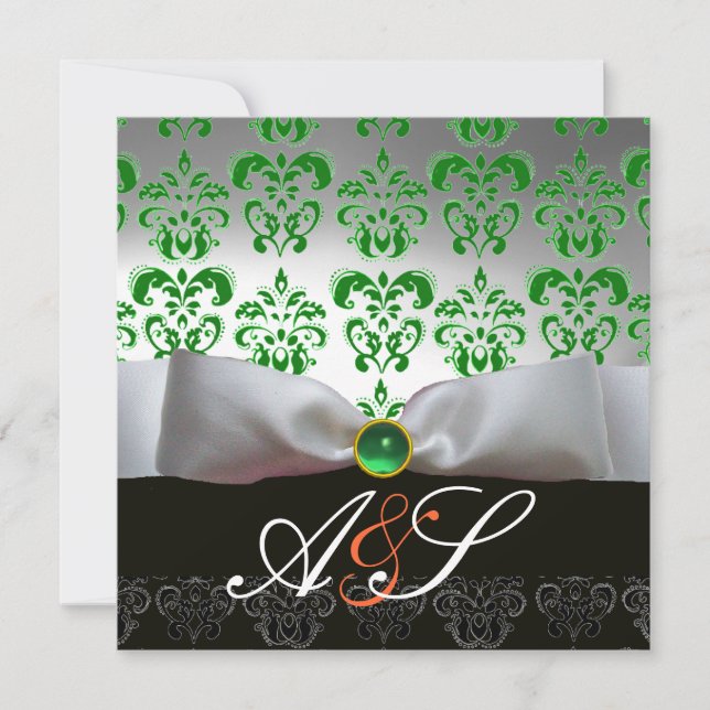 GREEN WHITE RIBBON & BLACK DAMASK MONOGRAM Gold Invitation (Front)