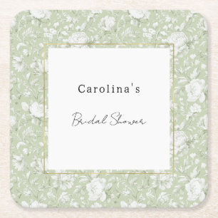 Green White Romantic Floral Bridal Shower Square Paper Coaster