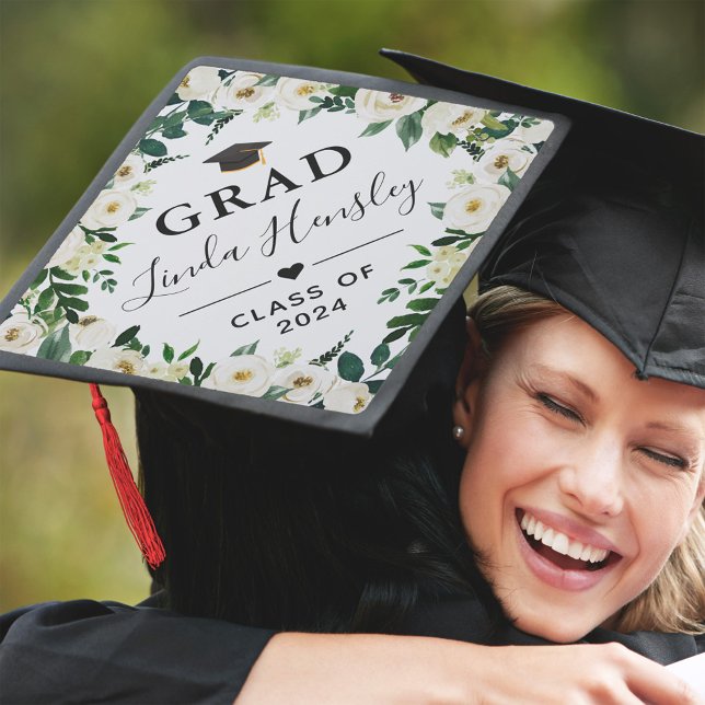 Green White Rose Floral | Class of 2024 Graduate Graduation Cap Topper (Creator Uploaded)