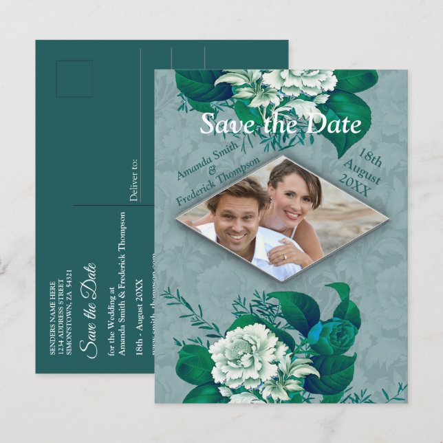Green/ White Rose Flowers on Green pattern paper  Announcement Postcard (Front/Back)