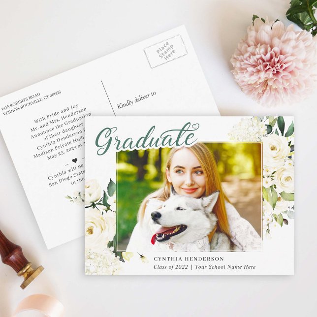 Green White Roses Floral Graduation Announcement Postcard (Creator Uploaded)
