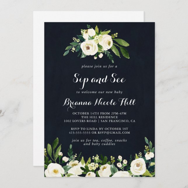 Green White Royal Blue Floral Sip and See  Invitation (Front/Back)