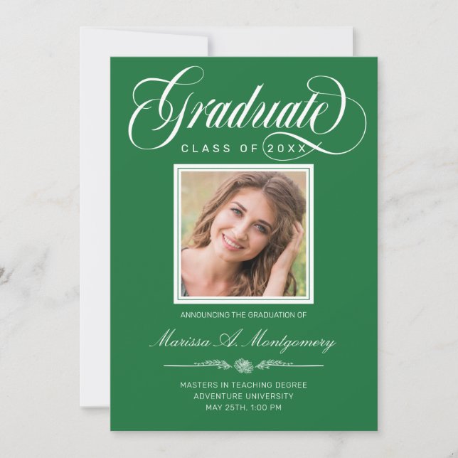 Green White Script Two Photo College Graduation Announcement (Front)