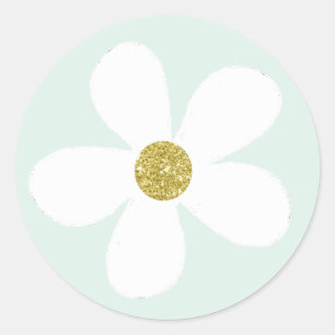Green White Simple Daisy Gold Classic Round Sticker