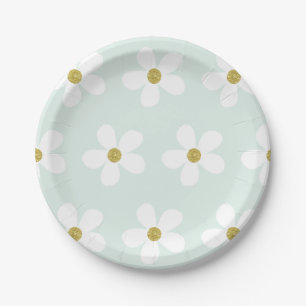 Green White Simple Daisy Pattern Gold Paper Plate