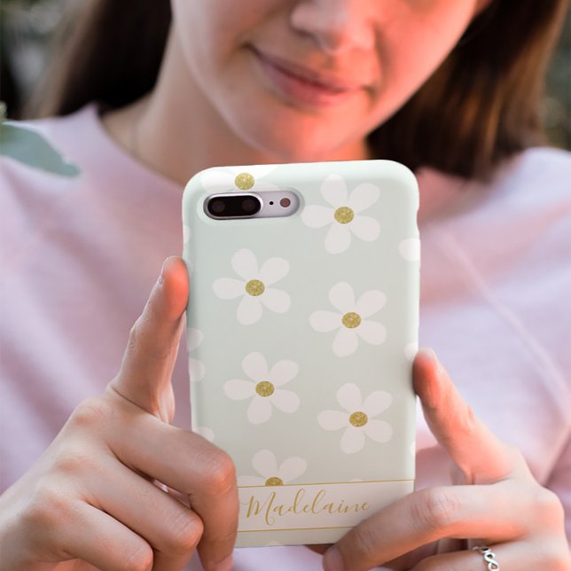 Green White Simple Daisy Pattern Gold Personal Case-Mate iPhone Case (Creator Uploaded)