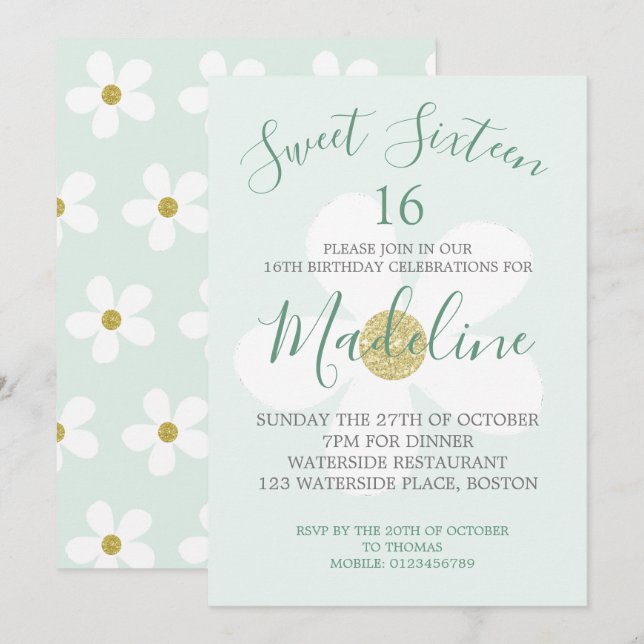 Green White Simple Daisy Sweet Sixteen Chic Invitation (Front/Back)