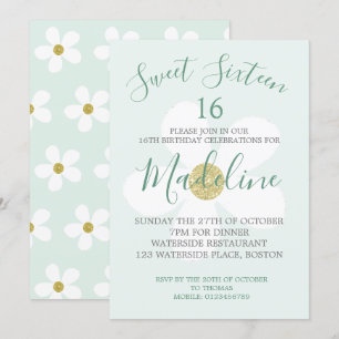 Green White Simple Daisy Sweet Sixteen Chic Invitation