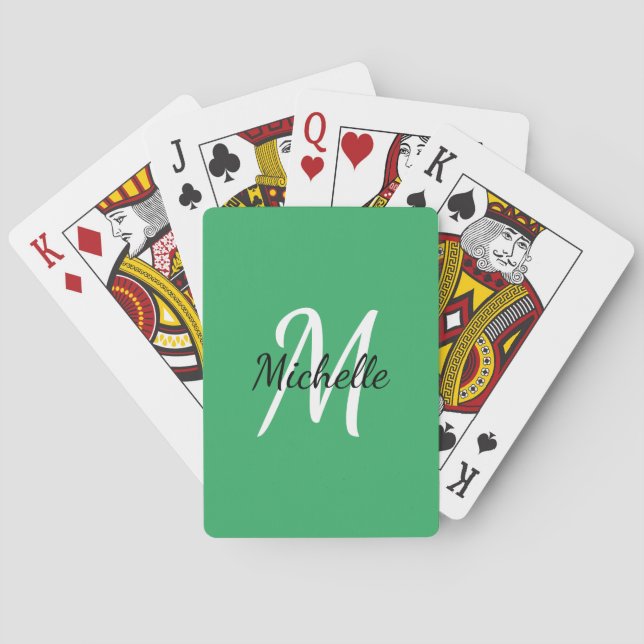 Green & White Simple Monogram Classic Trendy Playi Playing Cards (Back)