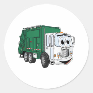 Green White Smiling Garbage Truck Cartoon Classic Round Sticker