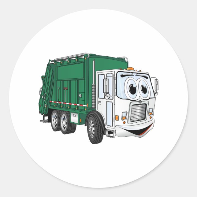 Green White Smiling Garbage Truck Cartoon Classic Round Sticker (Front)