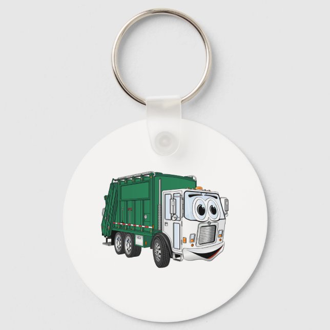 Green White Smiling Garbage Truck Cartoon Keychain (Front)