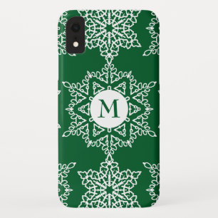 Green White Snowflakes Christmas Holiday Monogram iPhone XR Case