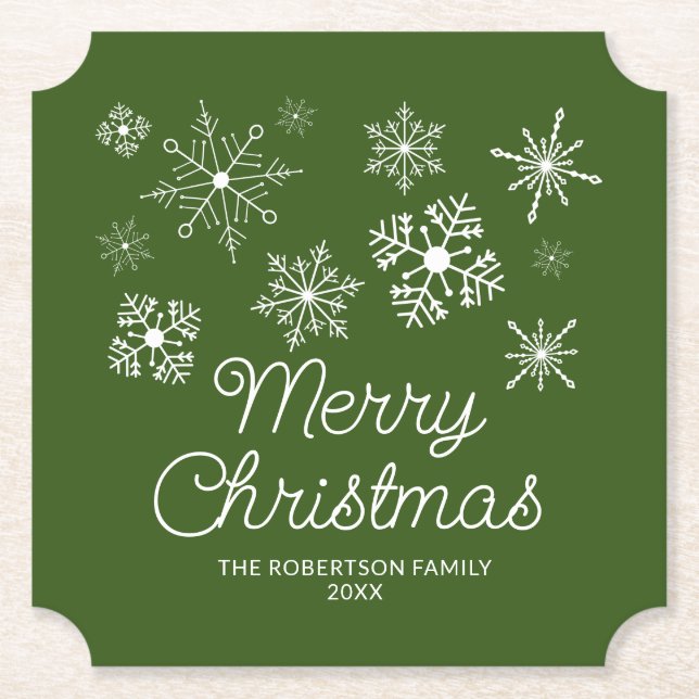 Green White Snowflakes Christmas Party Paper Coaster (Front)