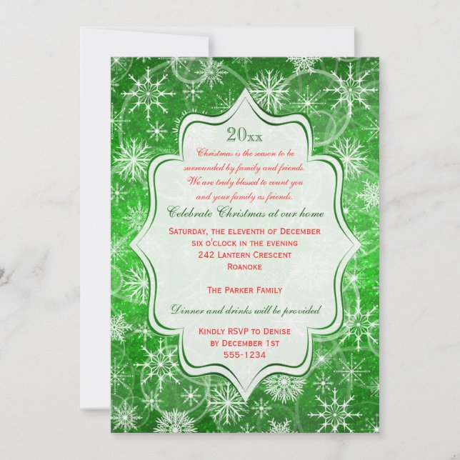 Green, White Snowflakes Holiday Party Invitation (Front)