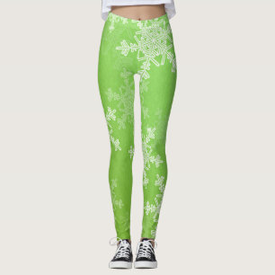 Green White Snowflakes Minimalist Christmas Leggings
