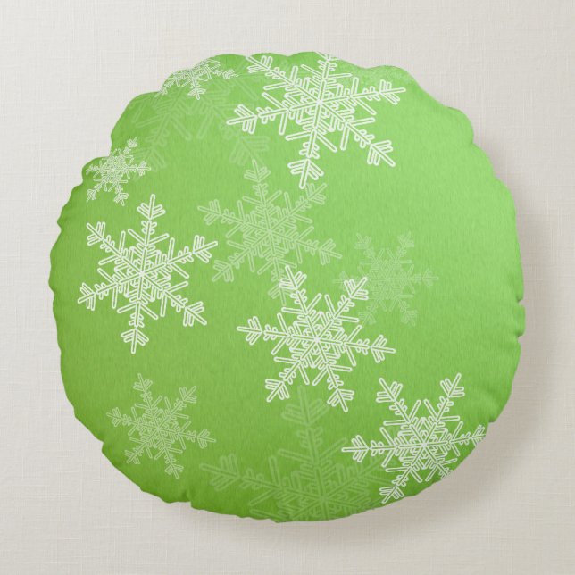 Green White Snowflakes Minimalist Christmas Round Pillow (Front)