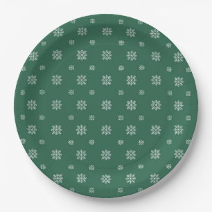 Green & White Snowflakes Simple Modern Christmas  Paper Plate
