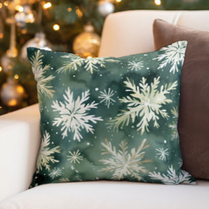Green White Snowflakes Winter Christmas Holiday Throw Pillow