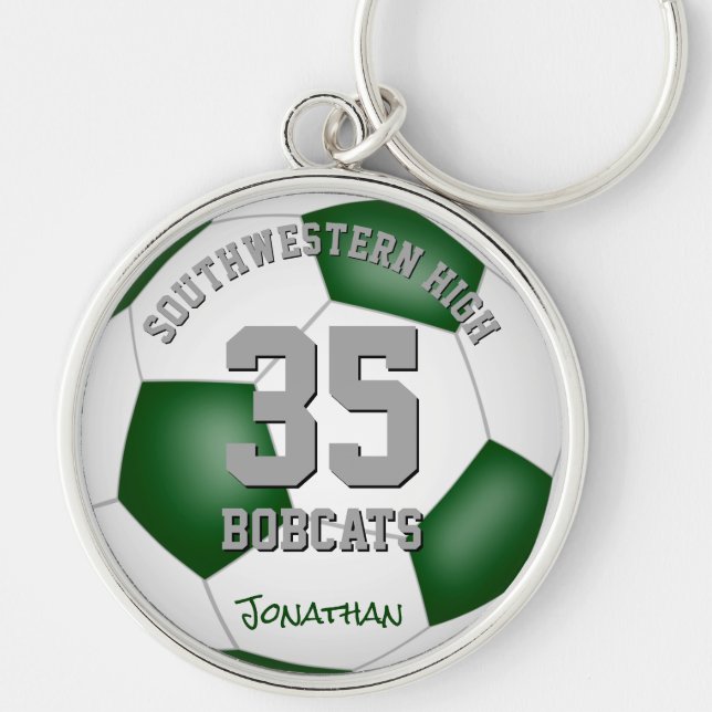 green white sporty team colours boys girls soccer keychain (Front)