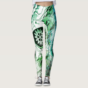 Green + White Steampunk Design on Customized Tight Leggings