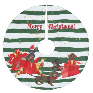 Green & White Stripe Dachshund Family Tree Skirt