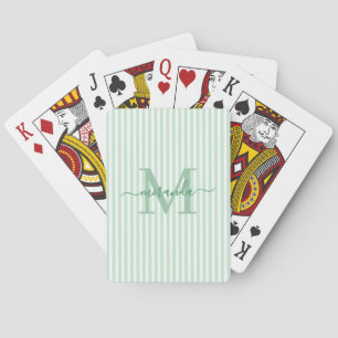 Green & White Striped Monogram Name Playing Cards
