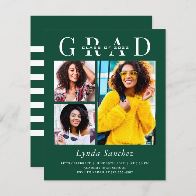 Green White Stripes 3 Photo Graduation Invitations (Front/Back)