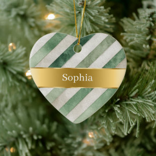 Green White Stripes Gold Ribbon Christmas Ceramic Ornament