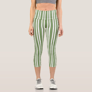 Green White Stripes Pattern Capri Leggings