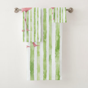 Green White Stripes Pink Flamingo Beach Birthday Bath Towel Set