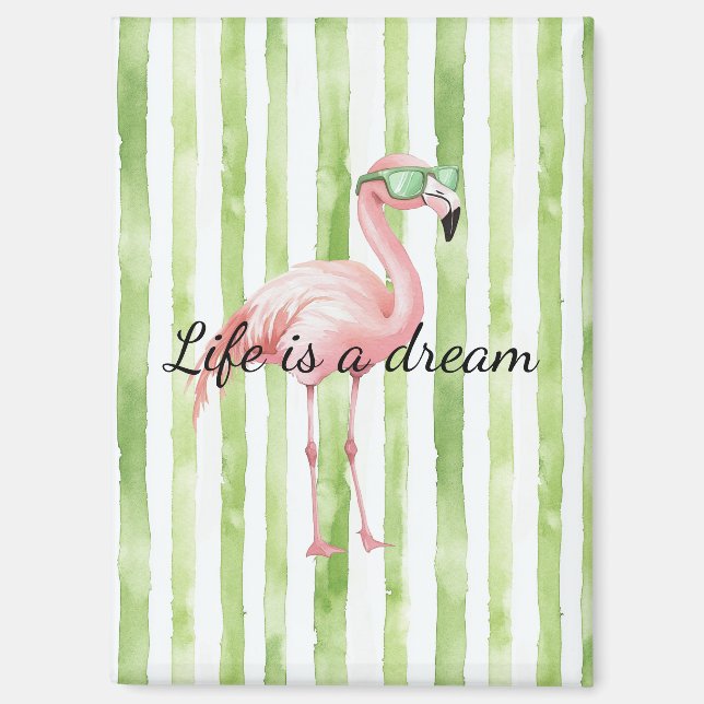 Green White Stripes Pink Flamingo Magnet (Front)