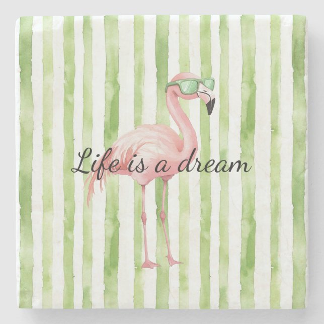 Green White Stripes Pink Flamingo Stone Coaster (Front)