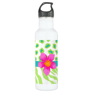 Green, White & Teal Zebra & Cheetah Orange Flower 710 Ml Water Bottle