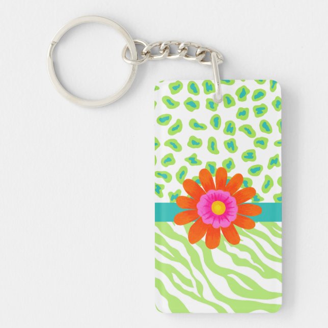 Green, White & Teal Zebra & Cheetah Orange Flower Keychain (Front)