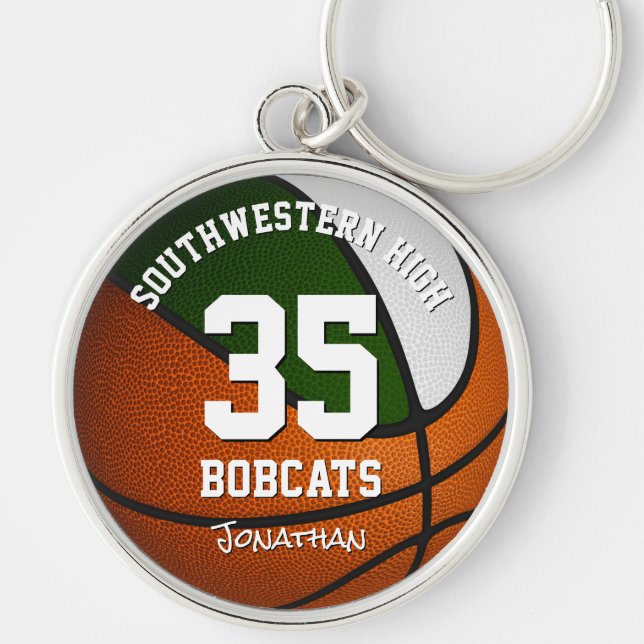 green white team colours boys girls basketball keychain (Front)