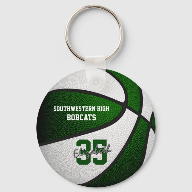 green white team colours girls boys basketball keychain (Front)
