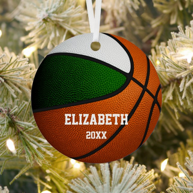 green white team colours girls boys basketball metal ornament (Insitu)