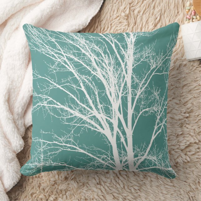 Green White Tree Branches Throw Pillow (Blanket)