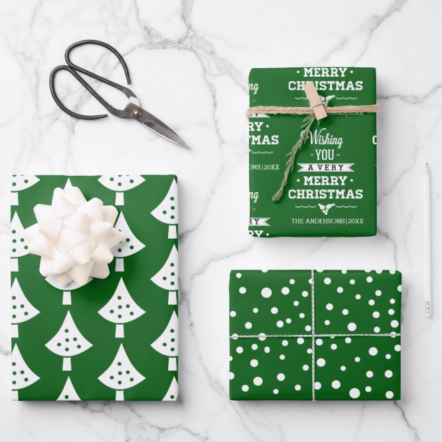 Green white trees snowflakes and wishes Christmas Wrapping Paper Sheet (Front)