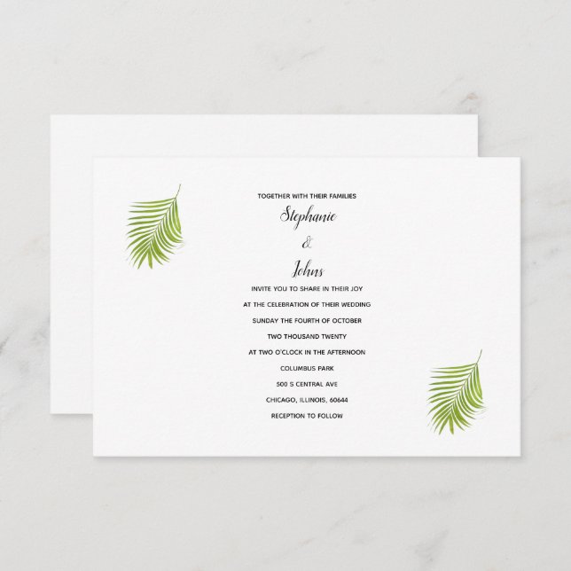 Green White Tropical Palm Leaf Modern Cool Wedding Invitation (Front/Back)
