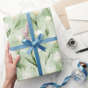 Green White Tulip Flowers Birthday Wrapping Paper